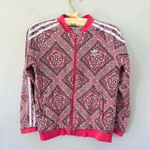 Adidas | pink busy patterned zip up jacket girls